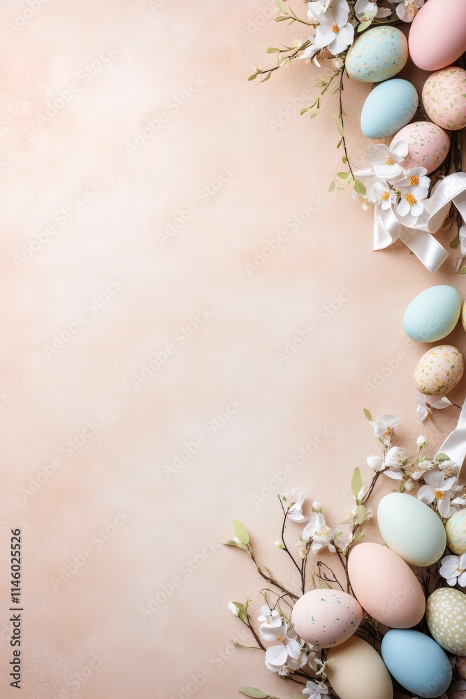 Easter Eggs and Spring Flowers on Light Pastel Textured Background Easter Eggs and Spring Flowers on Light Pastel Textured Background
