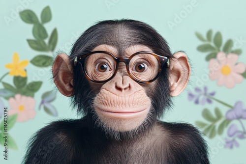 Surprised Chimpanzee in Glasses: Wide-Eyed Wonder. photo