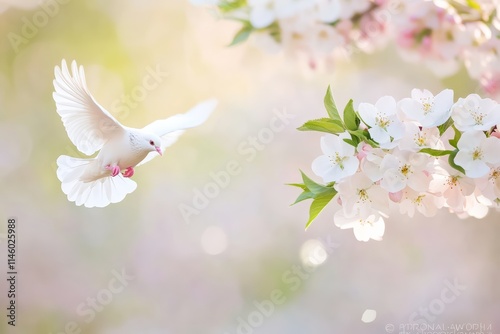 Peaceful White Doves Flying Among Blossoming Flowers on a Soft Pastel Background