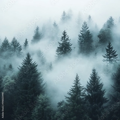 Enigmatic Foggy Coniferous Forest Landscape