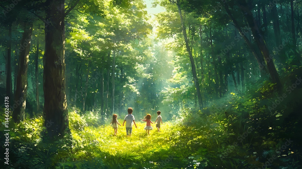 A family of four playing hide and seek among the tall trees of a green forest, sunlight dappling the forest floor in the background A family of four playing hide and seek among the tall trees of a green forest, sunlight dappling the forest floor in the background