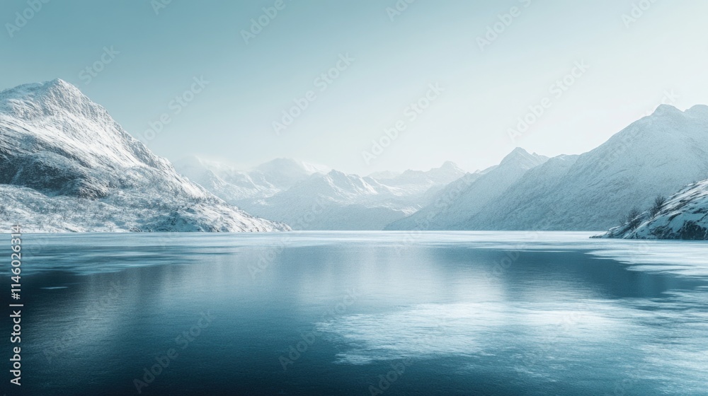 Beautiful view of a frozen lake with snow-covered mountains. Beautiful view of a frozen lake with snow-covered mountains.