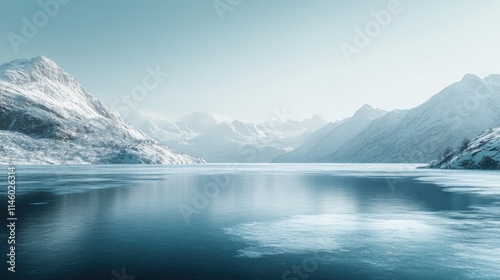 Beautiful view of a frozen lake with snow-covered mountains.