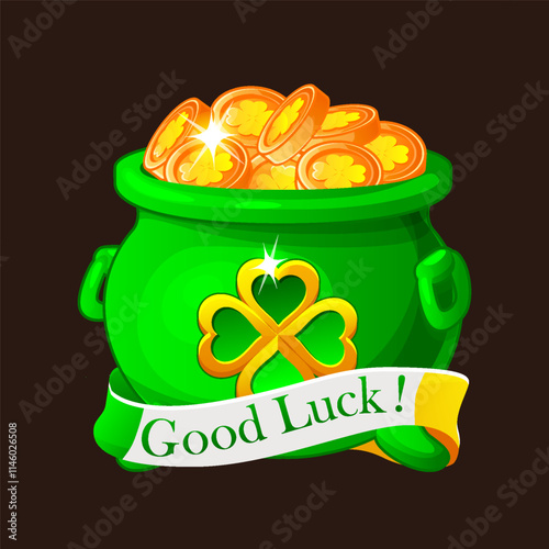 Green pot full of golden coins with clover sign and ribbon Good Luck -symbol of St Patrick Day in cartoon style. Cauldron with lucky coins icon for game, slot, greeting card, sticker or print