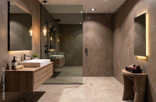 interior design inspiration, modern living space, home renovation project. minimalist bathroom with mocha mousse-toned walls, sleek glass-walled shower and elegant wooden vanity.