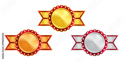 Shiny gold, silver, and bronze award medals with colorful ribbons. Medal of winners and achievements