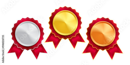 Shiny gold, silver, and bronze award medals with colorful ribbons. Medal of winners and achievements
