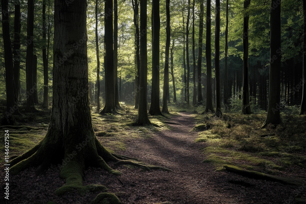Obraz premium A dirt path winding through a forest covered in lush green moss