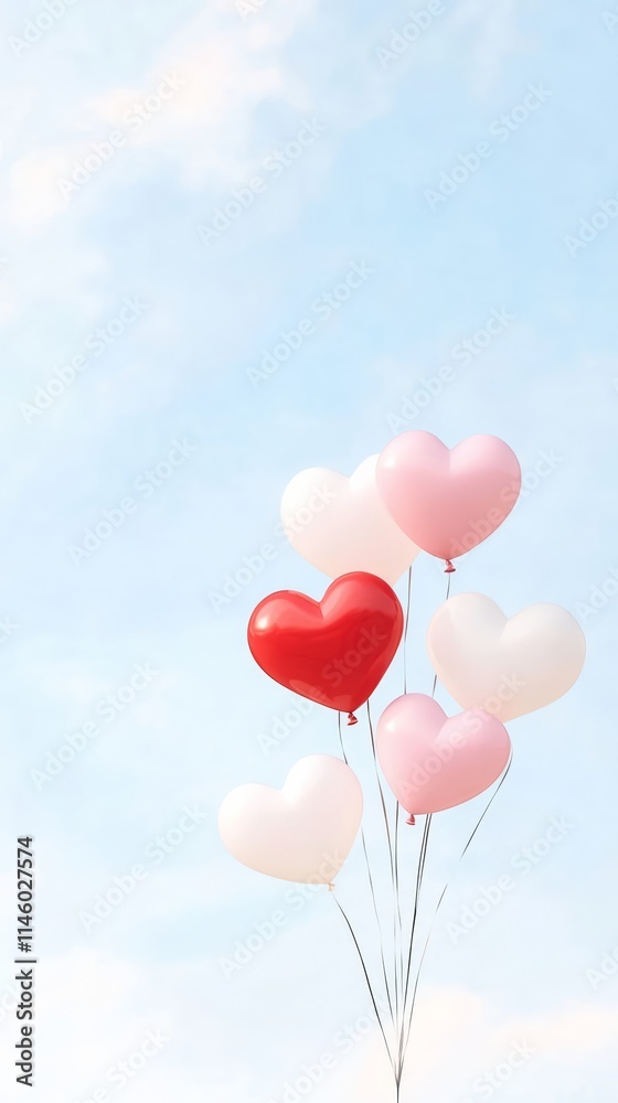 Heart-Shaped Pink and Red Balloons Floating Against a Soft Pastel Gradient Background Heart-Shaped Pink and Red Balloons Floating Against a Soft Pastel Gradient Background