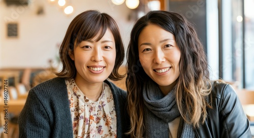 Smiling asian adult females in casual attire at cozy café setting