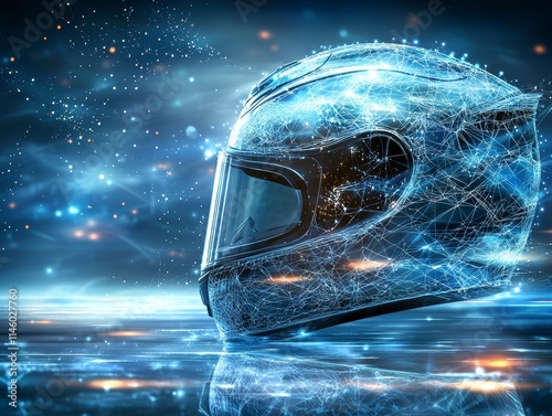 Futuristic racing helmet showcase digital space 3d render sci-fi environment high-tech concept photo