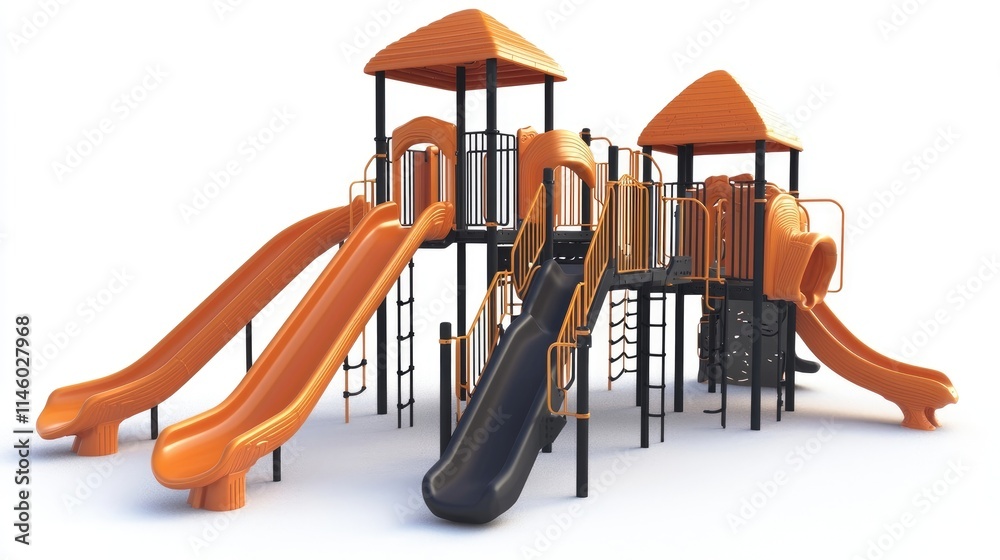 A colorful playground structure featuring slides and climbing areas for children's recreation. A colorful playground structure featuring slides and climbing areas for children's recreation.