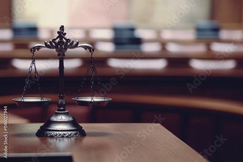 Courtroom scene with justice scales on a table