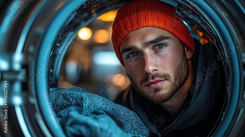 View from inside the drum of a washing machine: a man loads or unloads laundry. 