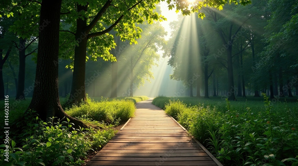 Serene Sunrise Path Through a Mystical Forest with Sunbeams Illuminating the Way Serene Sunrise Path Through a Mystical Forest with Sunbeams Illuminating the Way