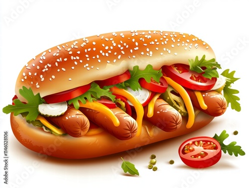 Delicious hot dog preparation food festival digital art vibrant setting close-up view culinary delight photo