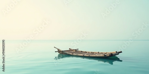 Serene Waters A Simple Bamboo Raft Gently Bobbing on a Calm, Teal Sea Under a Soft, Pale Sky photo