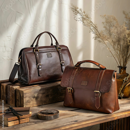 Premium leather bags displayed on rustic wooden surface with natural lighting.