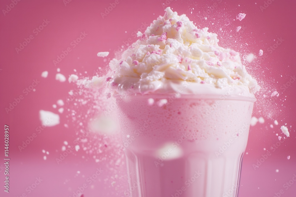 The fine dust descends gently, creating a gentle mist that merges with the milkshake, showcasing the combination of nutritious advantages and a sweet indulgence The fine dust descends gently, creating a gentle mist that merges with the milkshake, showcasing the combination of nutritious advantages and a sweet indulgence