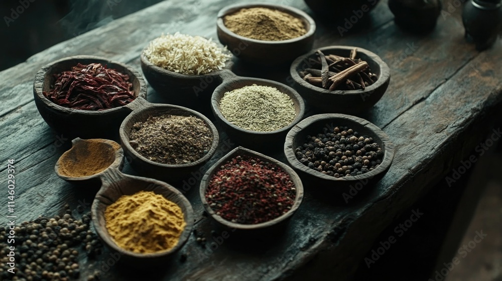 Spice Collection on Wooden Table Spice Collection on Wooden Table