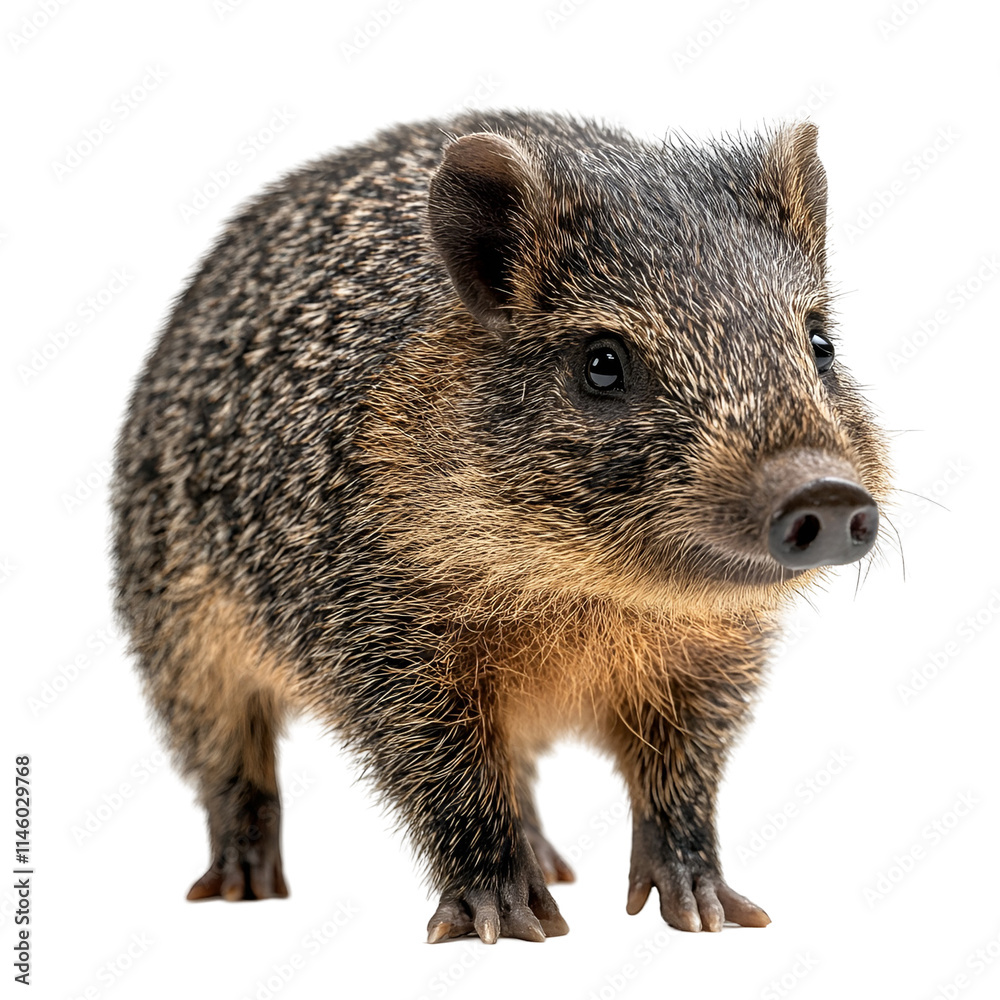 Obraz premium Angled view full body shot of a hyperrealistic Collared Peccary animal isolated on a white transparent background