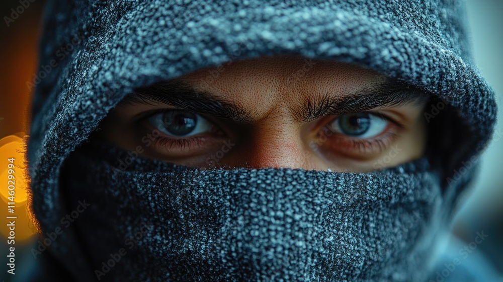 A close-up shot of a person's face and head covered with a hood, conveying a sense of anonymity or secrecy A close-up shot of a person's face and head covered with a hood, conveying a sense of anonymity or secrecy