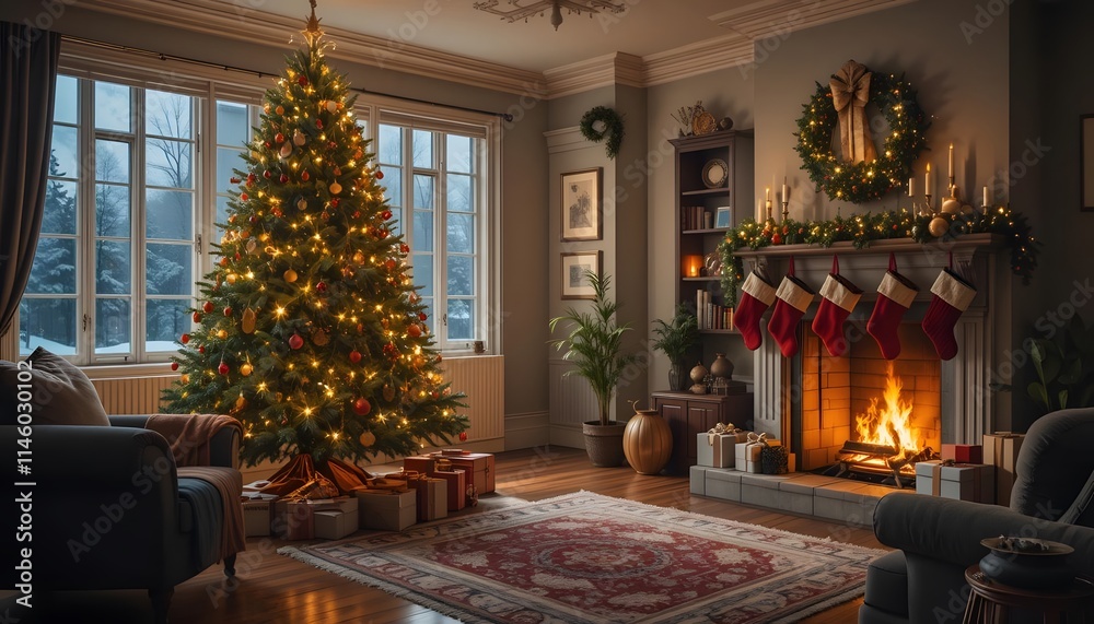 Cozy Christmas Living Room with Decorated Tree and Fireplace Cozy Christmas Living Room with Decorated Tree and Fireplace