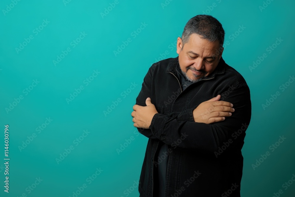 Minimalist Portrait of a Content Middle-Aged Man on Teal Background for Professional Use Minimalist Portrait of a Content Middle-Aged Man on Teal Background for Professional Use