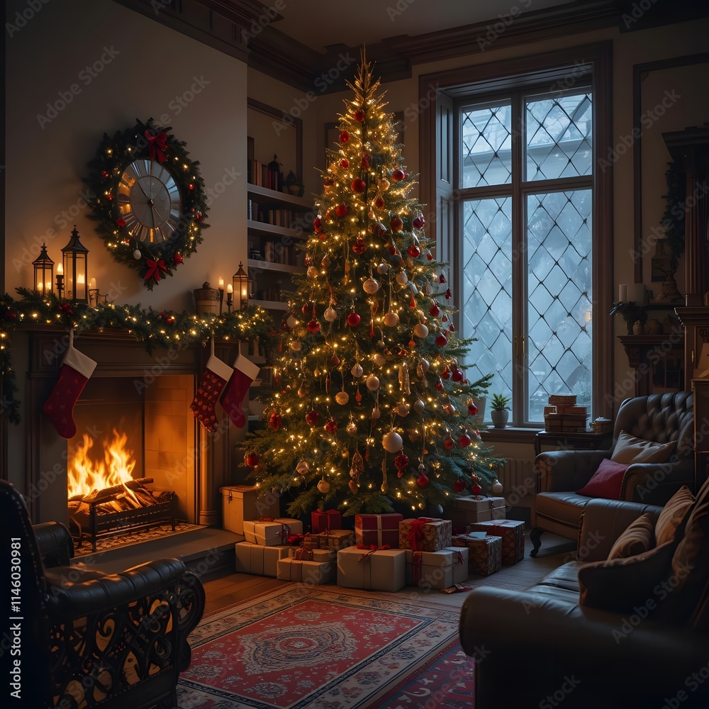 Cozy Christmas Living Room with Decorated Tree and Fireplace Cozy Christmas Living Room with Decorated Tree and Fireplace