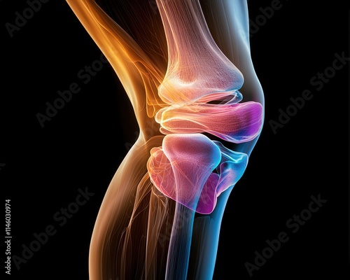 Illustration of the knee joint showing ligaments and cartilage