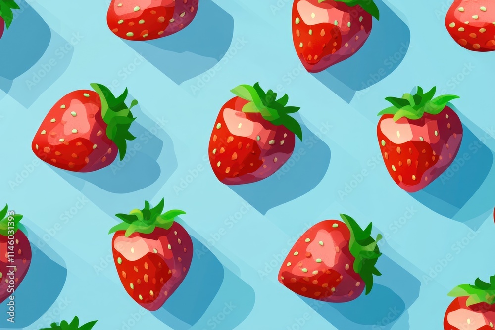 Seamless Isometric Pattern of Vibrant Red Strawberries on Blue Background for Design Seamless Isometric Pattern of Vibrant Red Strawberries on Blue Background for Design