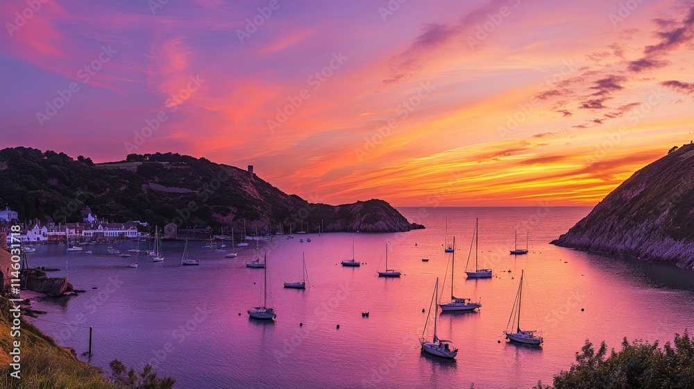 Fototapeta premium Stunning sunset over a calm bay with boats sailing in the purple-hued waters and hills in the background.