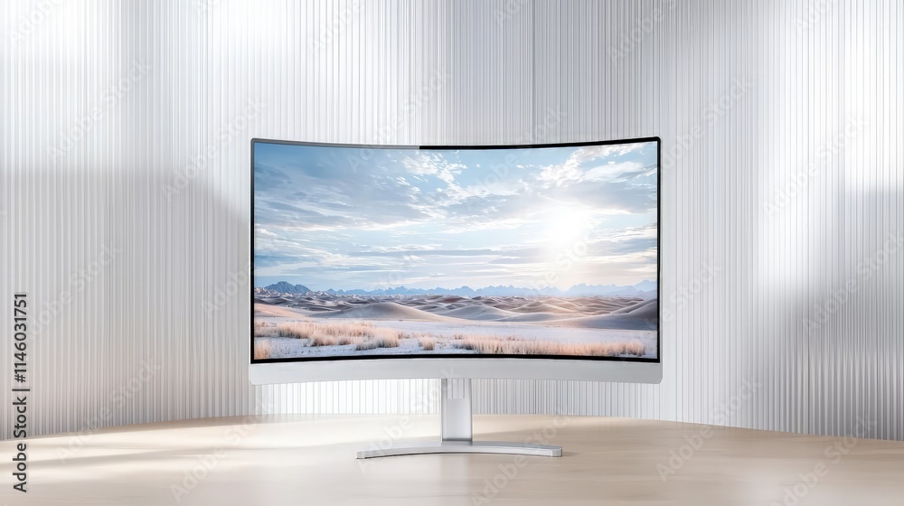 Fototapeta premium Modern curved computer monitor displaying a desert landscape sits on a wooden desk against a white paneled wall.