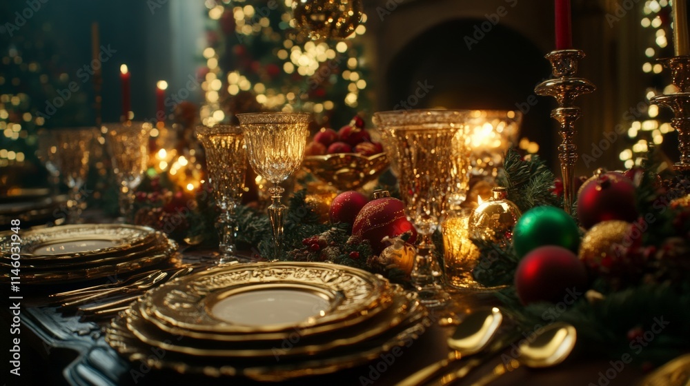 Elegant Christmas Dinner Table with Golden Plates and Festive Decorations Elegant Christmas Dinner Table with Golden Plates and Festive Decorations