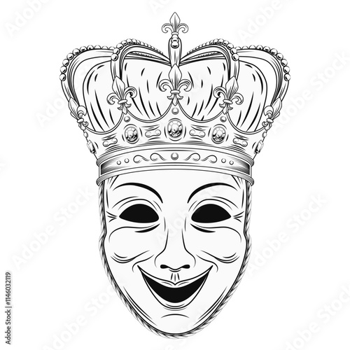 Theatrical comedy face mask with imperial crown with gemstones, fleur de lis sign on points. Detailed black and white illustration in vintage style. Front view.