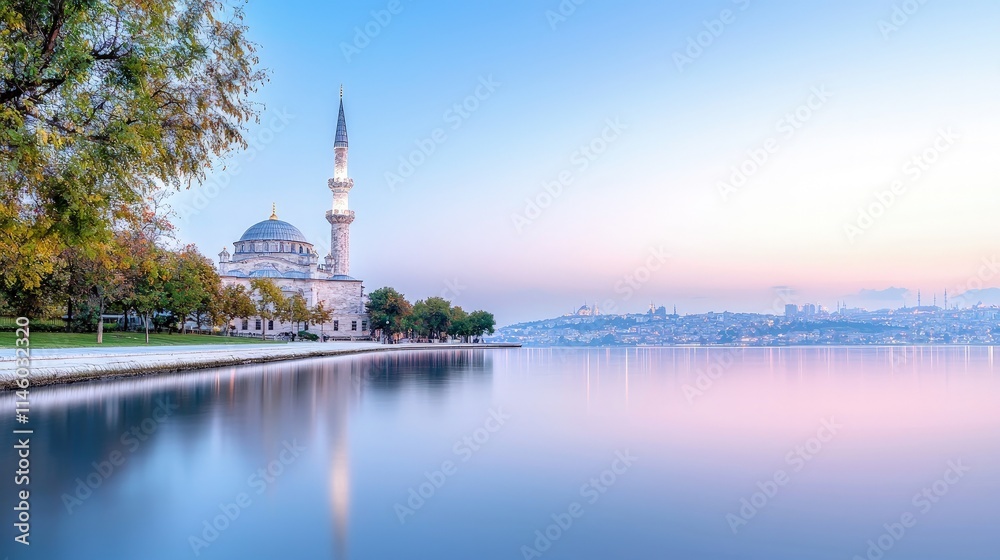 Obraz premium Calm sunrise over a mosque reflected in tranquil water.