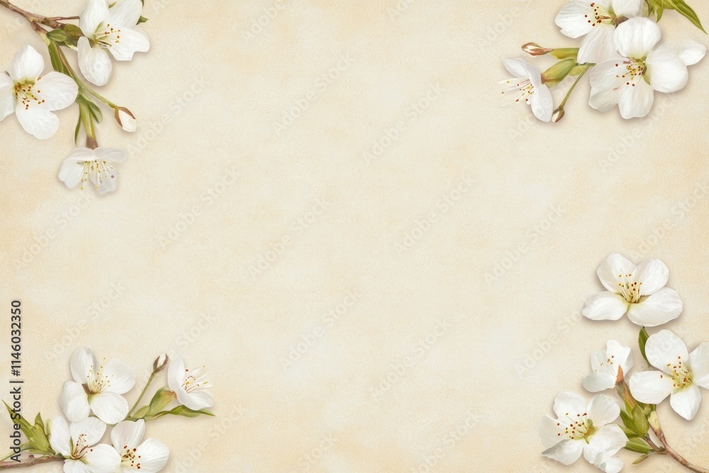 Spring Sakura Blossoms Framing a Soft Beige Background for Print Design Spring Sakura Blossoms Framing a Soft Beige Background for Print Design