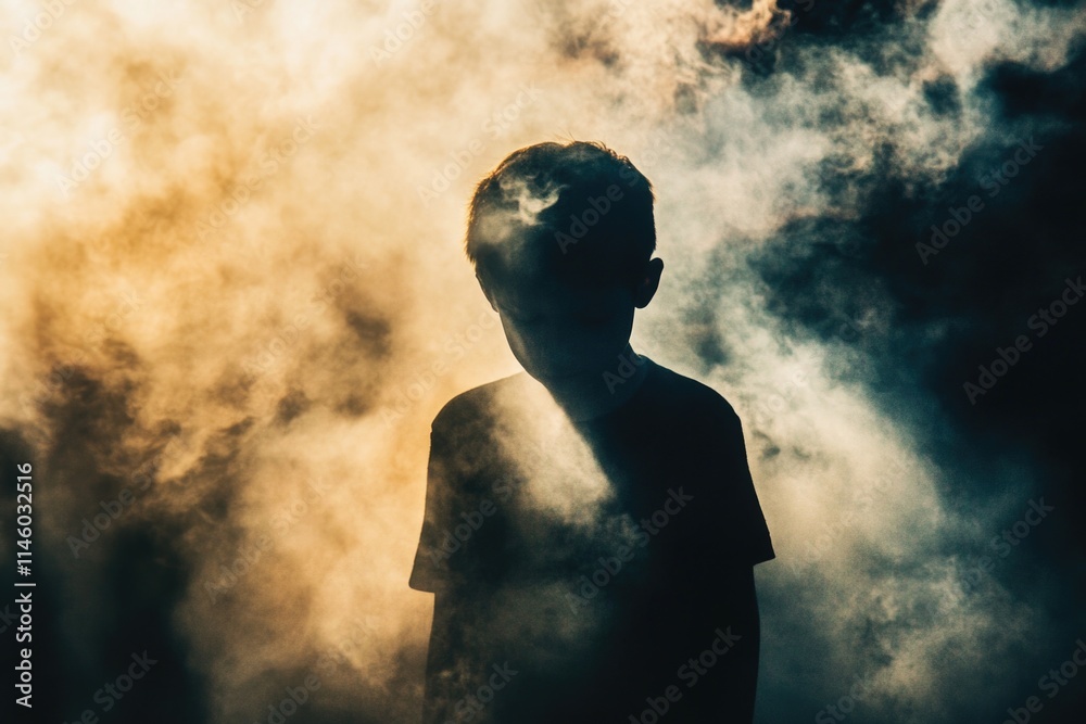 A person standing near a cloud of smoke with unclear surroundings A person standing near a cloud of smoke with unclear surroundings