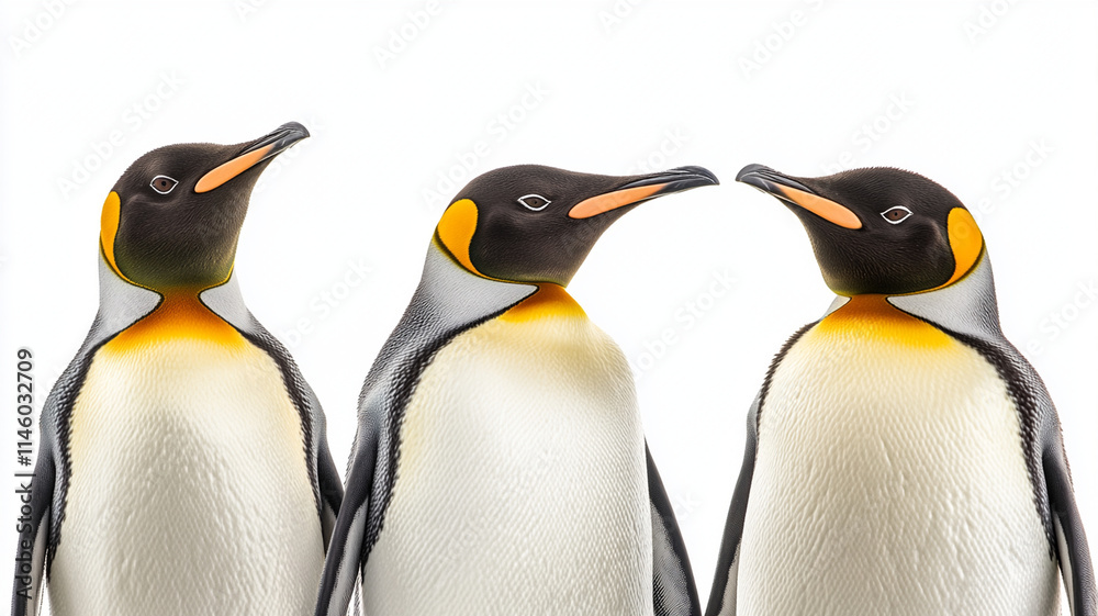 Fototapeta premium Group of three emperor penguins white background, showcasing their vibrant colors and features