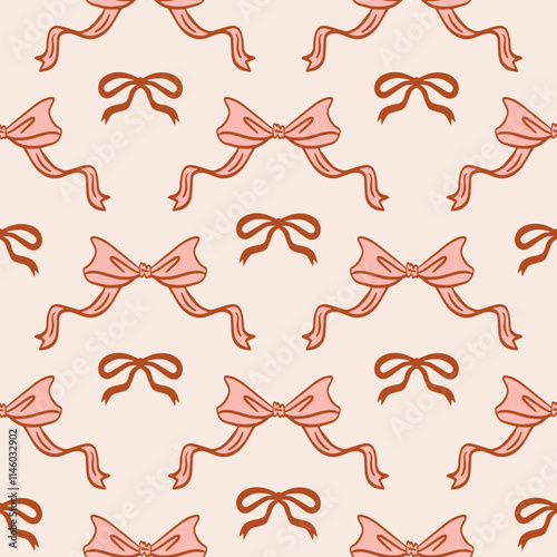 Vintage vector seamless pattern with various ribbon bows in a yoke aesthetic. Vector flat background of ribbons in retro style. Trendy print for wedding, Valentine's day, party, events, banquets.
