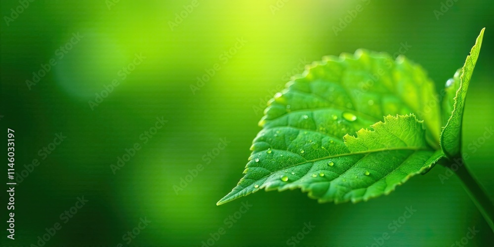 Vibrant Green Leaf with Morning Dew Drops in a Lush Natural Setting Vibrant Green Leaf with Morning Dew Drops in a Lush Natural Setting