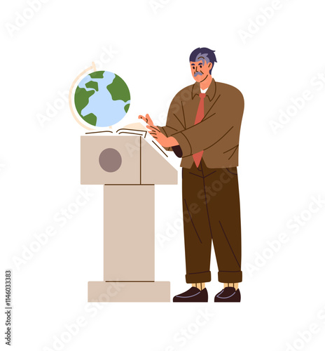 Speaker with speaking public speech from tribune. Professor of university explains class, reads lecture from podium. Adult man is at rostrum. Flat isolated vector illustration on white background