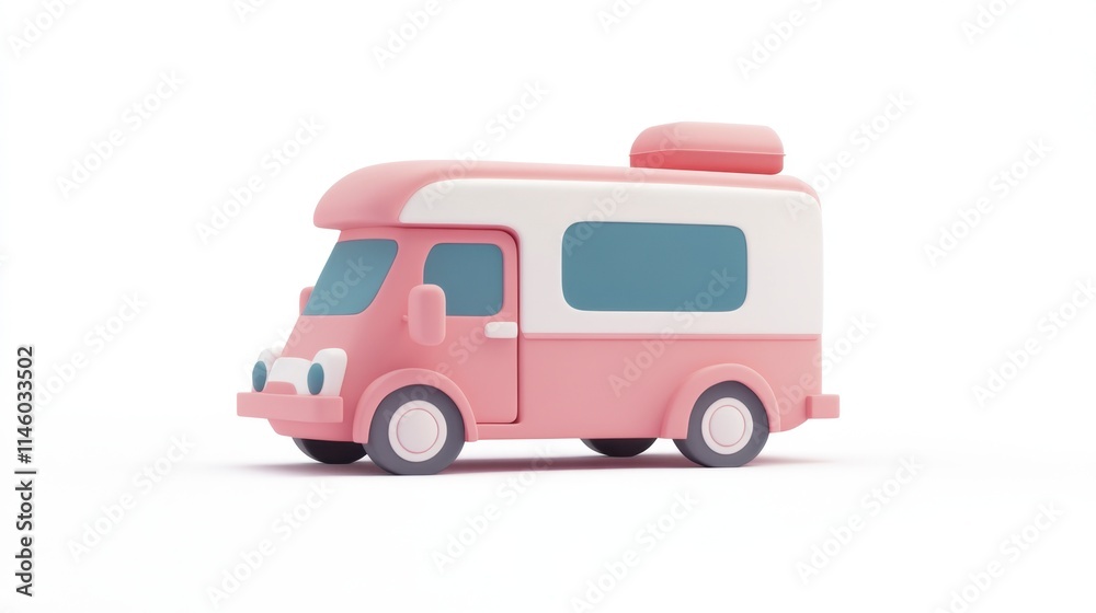 Pink Cartoon Camper Van 3D Render on White Background, Adorable Design Pink Cartoon Camper Van 3D Render on White Background, Adorable Design
