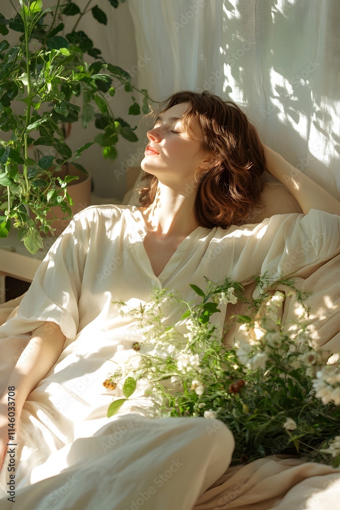 Serene Woman Relaxing in Sunlight with Flowers and Plants Serene Woman Relaxing in Sunlight with Flowers and Plants