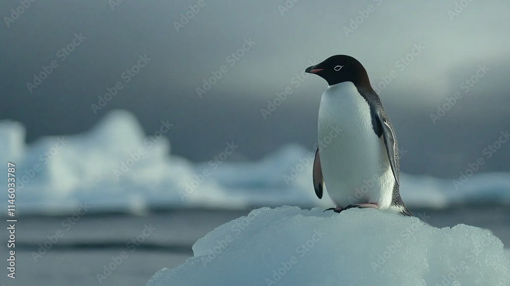 Obraz premium Gentoo penguin standing on iceberg in Antarctic waters, serene scene