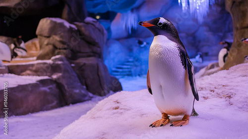 Gentoo penguin standing on snow covered ground in icy environment photo