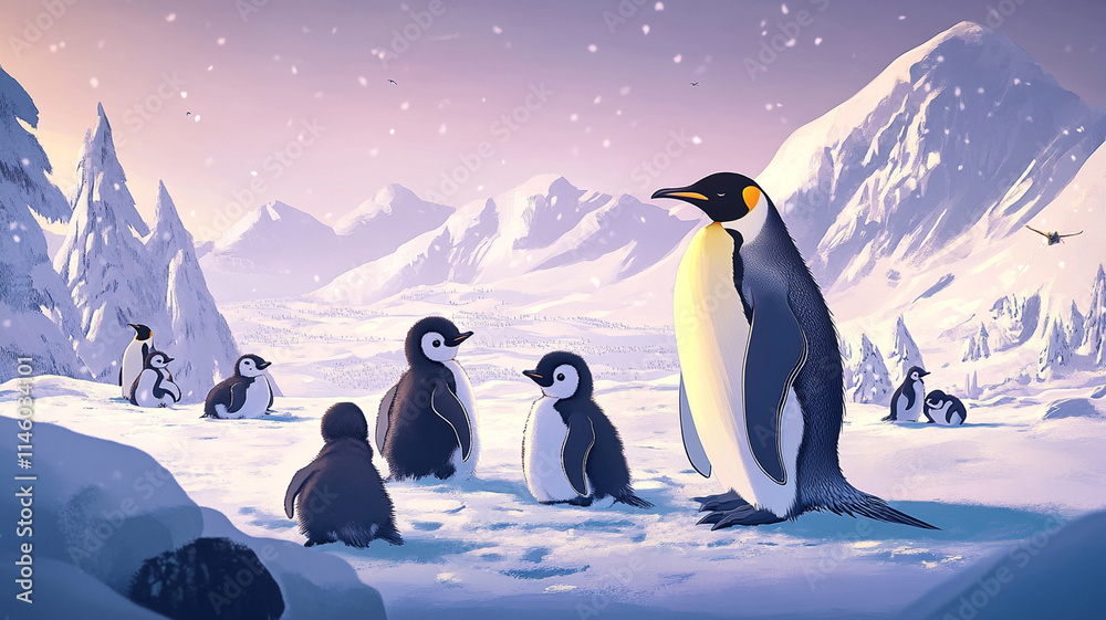 Fototapeta premium Emperor penguins with adorable chicks in snowy landscape, showcasing their bond