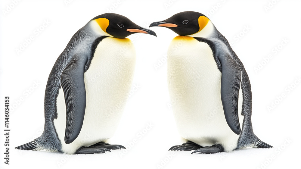 Fototapeta premium Emperor penguins couple standing together white background, showcasing their unique features and