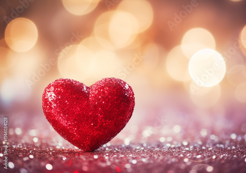 A glittering red heart sits on a shimmering surface with vibrant bokeh lights in a romantic, warm background.