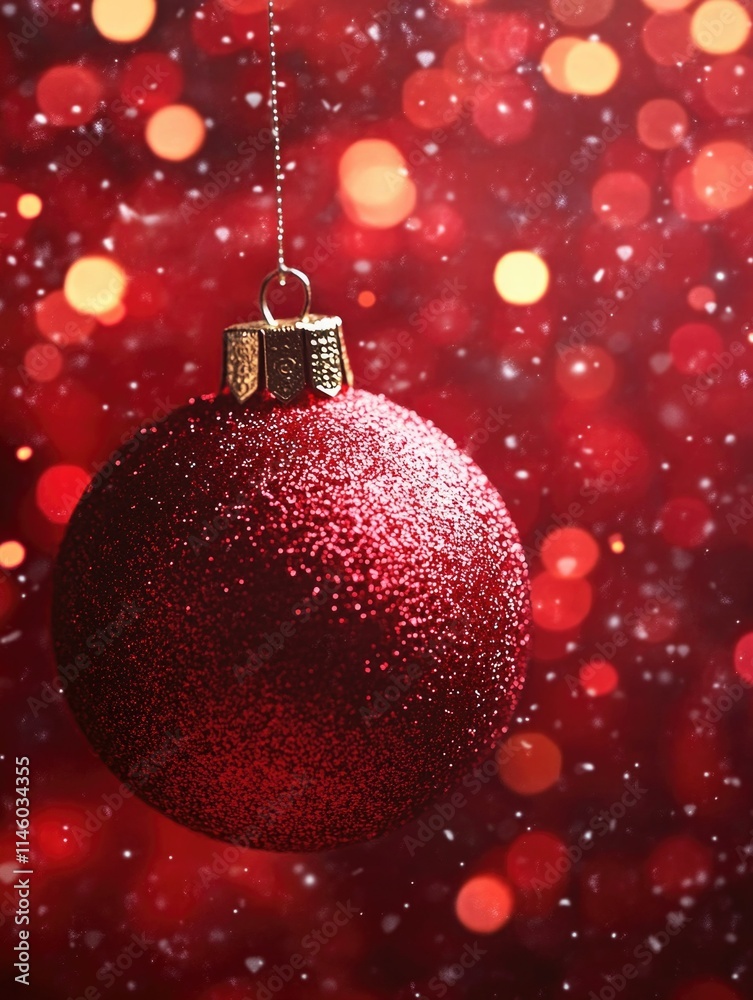 Festive Christmas Ornament Hanging in a Blurred Red Christmas Border with Gold Glitter Festive Christmas Ornament Hanging in a Blurred Red Christmas Border with Gold Glitter